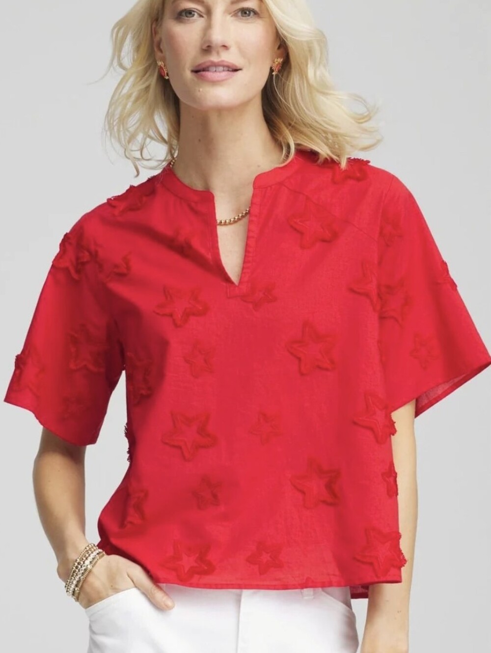 Chico's Cotton Embroidered Star Split Neck Blouse. Red. Size XL.